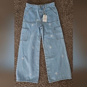 Girls Light Blue Daisy Embroidered Wide-Leg Jeans